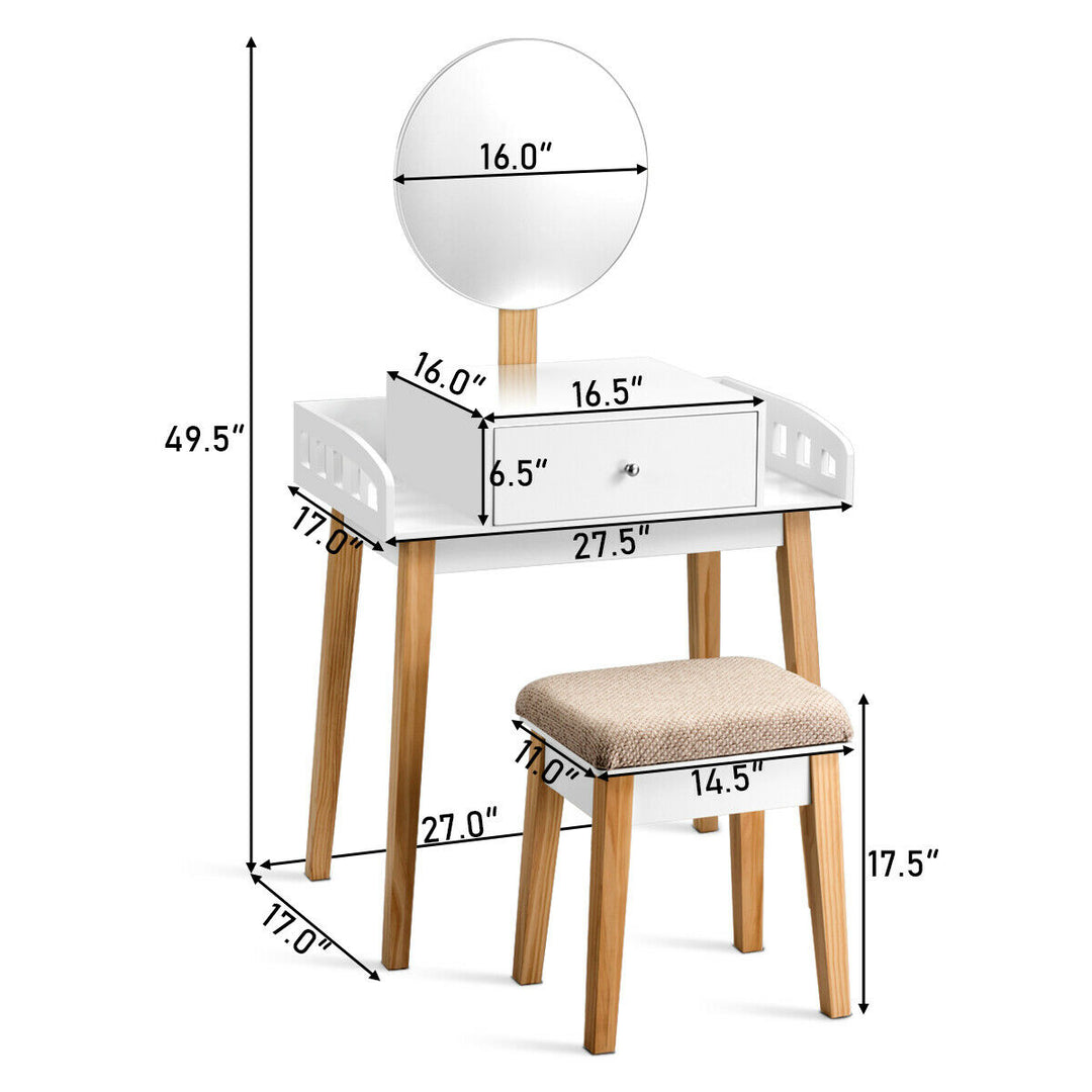 Makeup Dressing Table Stool Wooden Vanity Set w/ Round Mirror Drawer Image 8