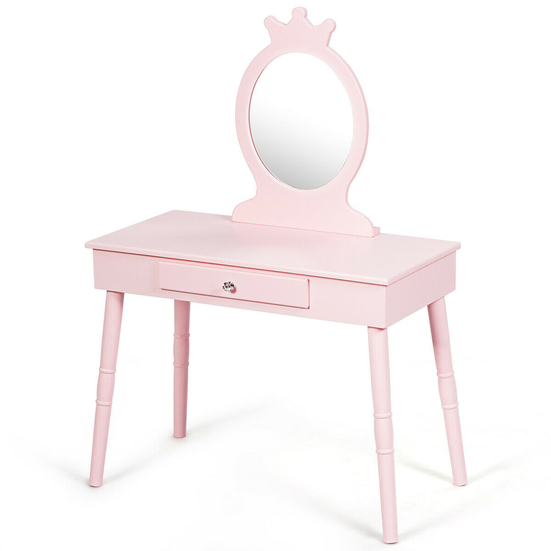 Kids Vanity Makeup Table and Chair Set Make Up Stool Play Set for Children Pink Image 9