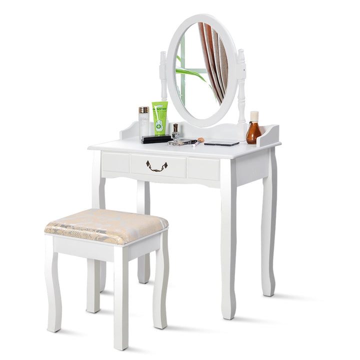 Makeup Dressing Table Stool Set w/ Drawers Mirror Vanity Set White Image 5