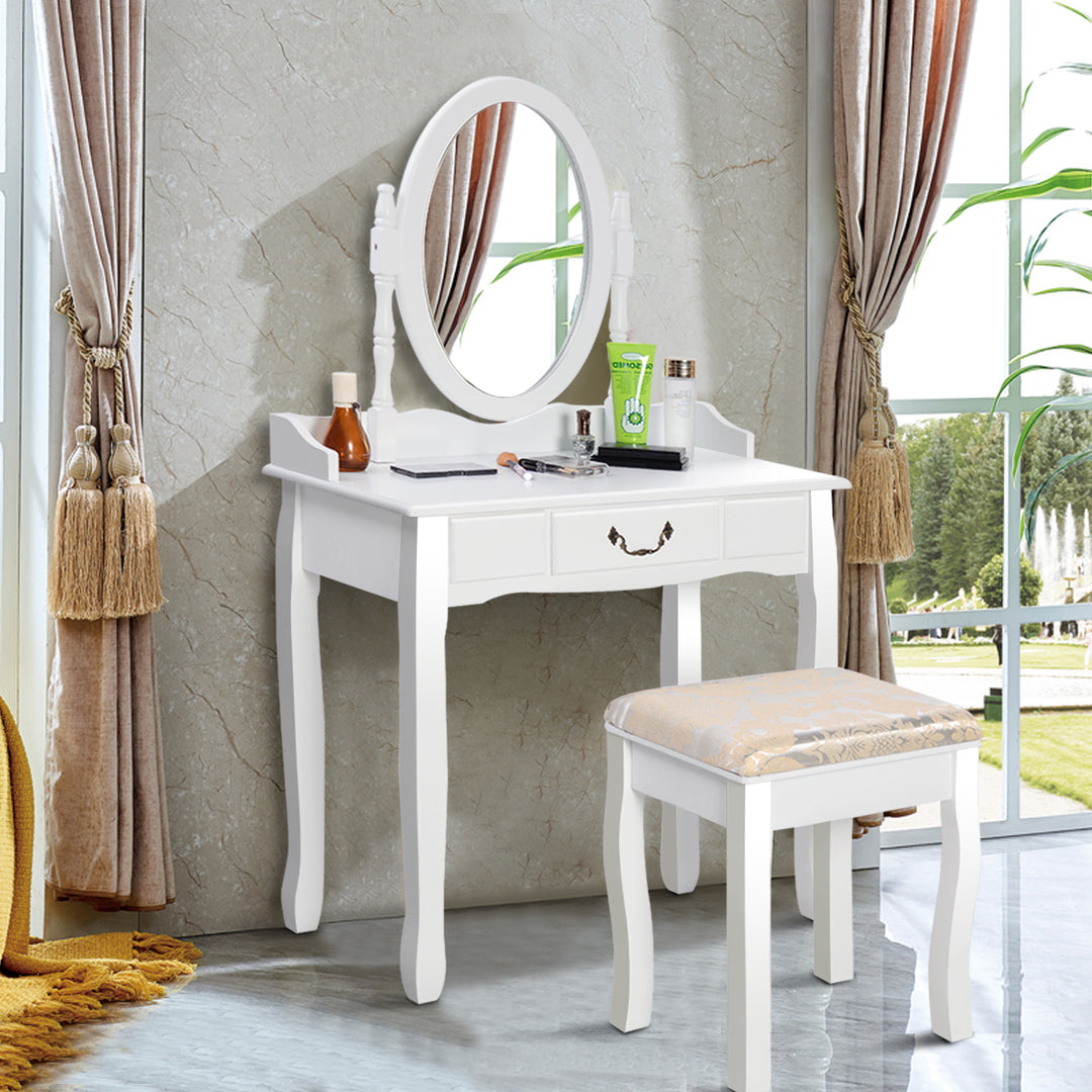 Makeup Dressing Table Stool Set w/ Drawers Mirror Vanity Set White Image 6