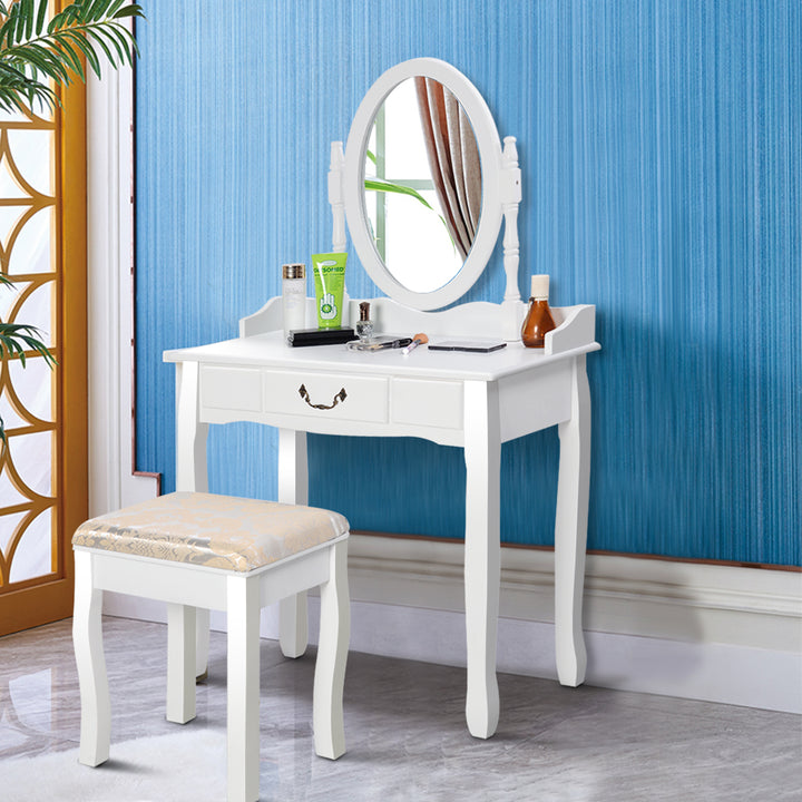 Makeup Dressing Table Stool Set w/ Drawers Mirror Vanity Set White Image 7