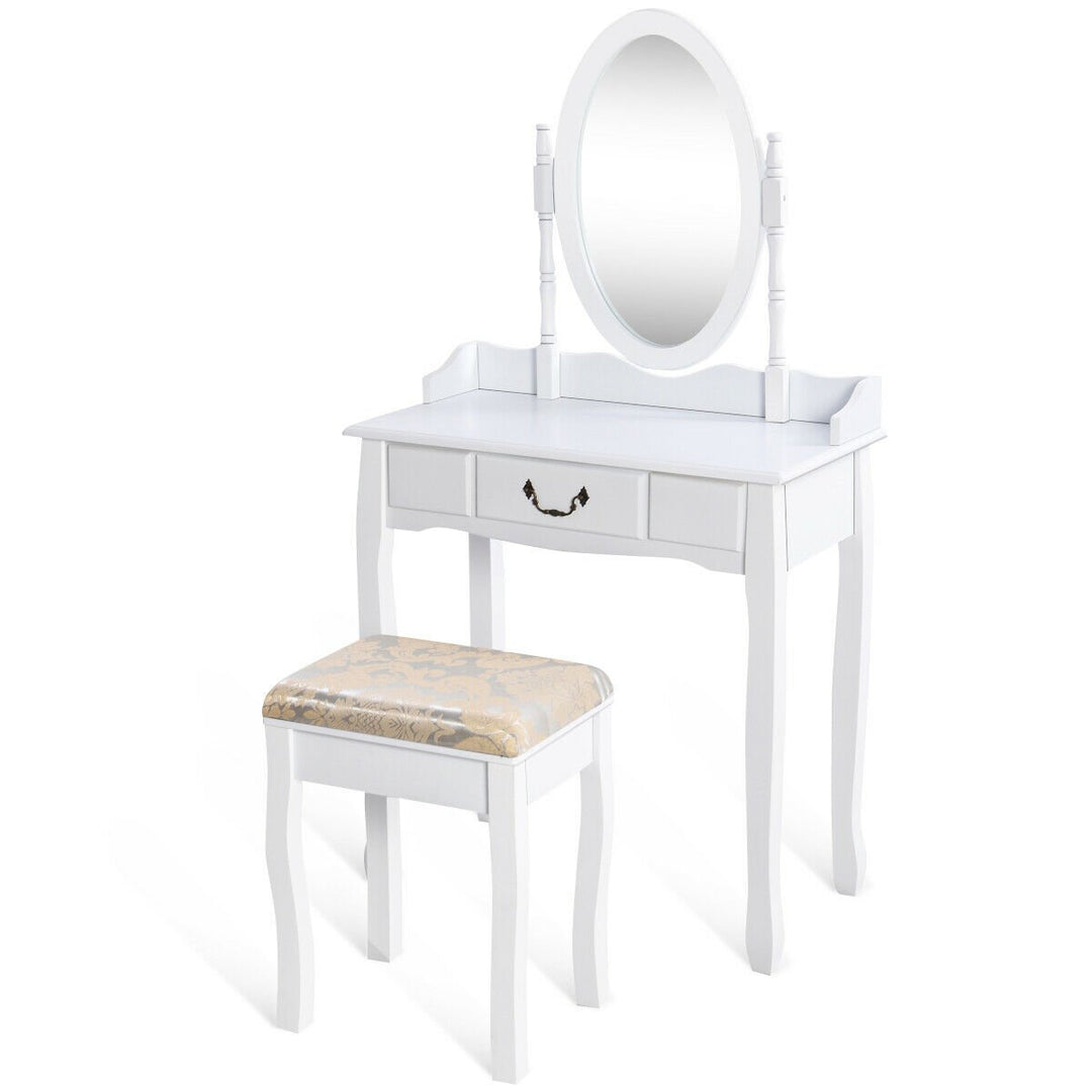 Makeup Dressing Table Stool Set w/ Drawers Mirror Vanity Set White Image 8