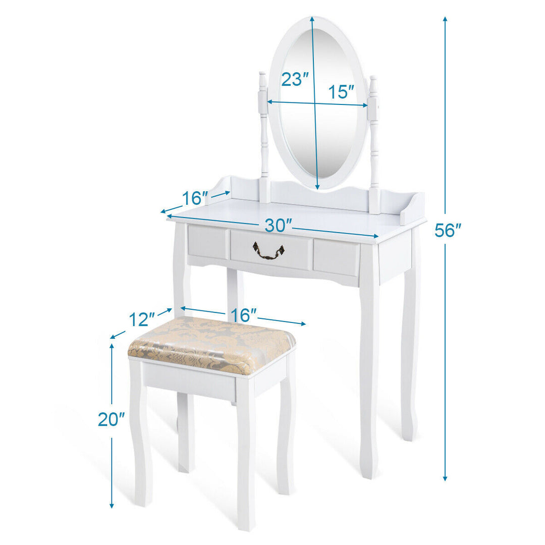 Makeup Dressing Table Stool Set w/ Drawers Mirror Vanity Set White Image 9