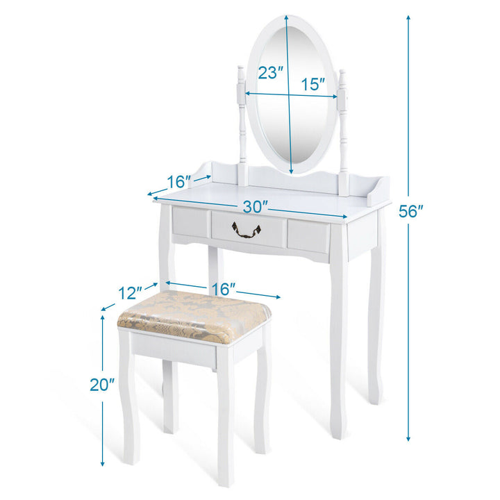 Makeup Dressing Table Stool Set w/ Drawers Mirror Vanity Set White Image 9