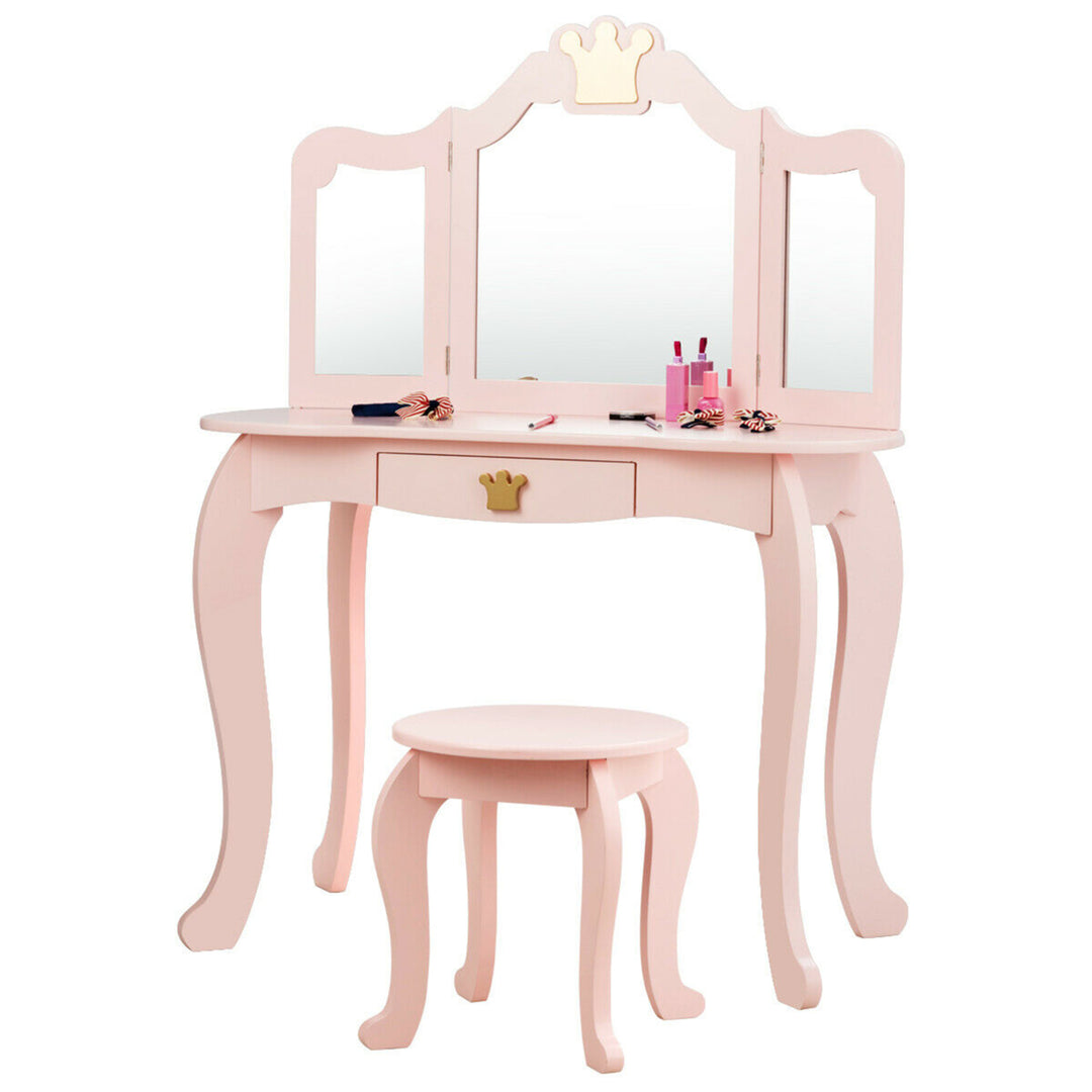 Kids Makeup Dressing Table Chair Set Princess Vanity and Tri-folding Mirror Pink Image 1