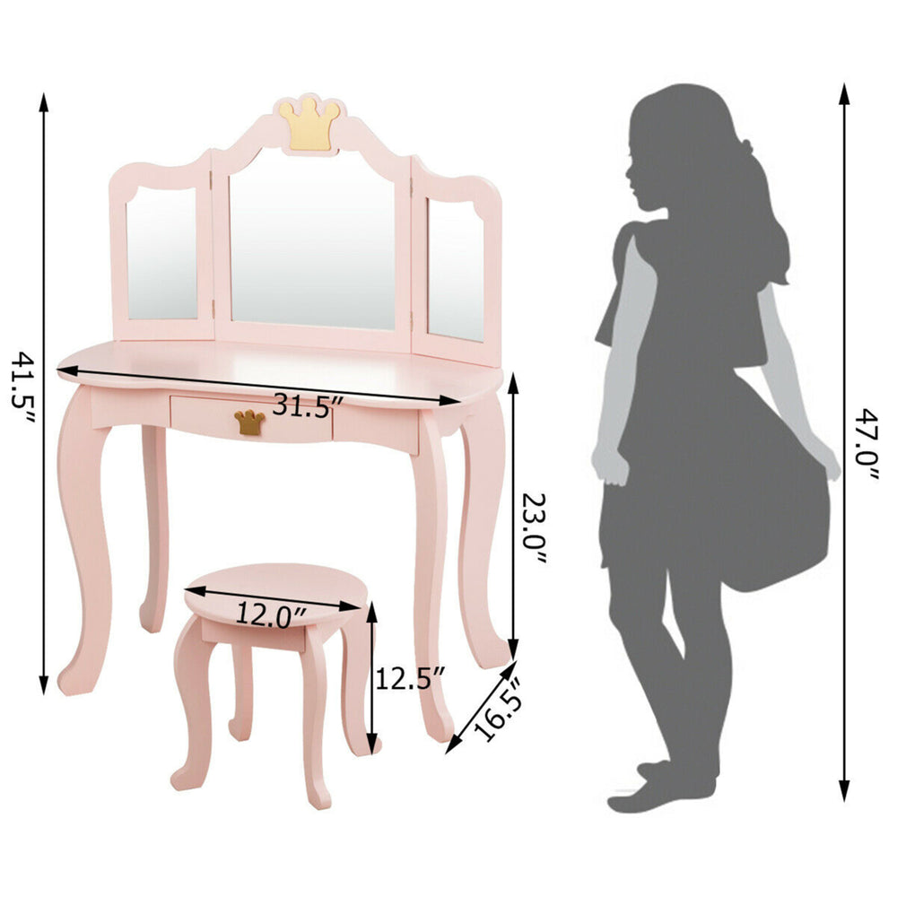 Kids Makeup Dressing Table Chair Set Princess Vanity and Tri-folding Mirror Pink Image 2