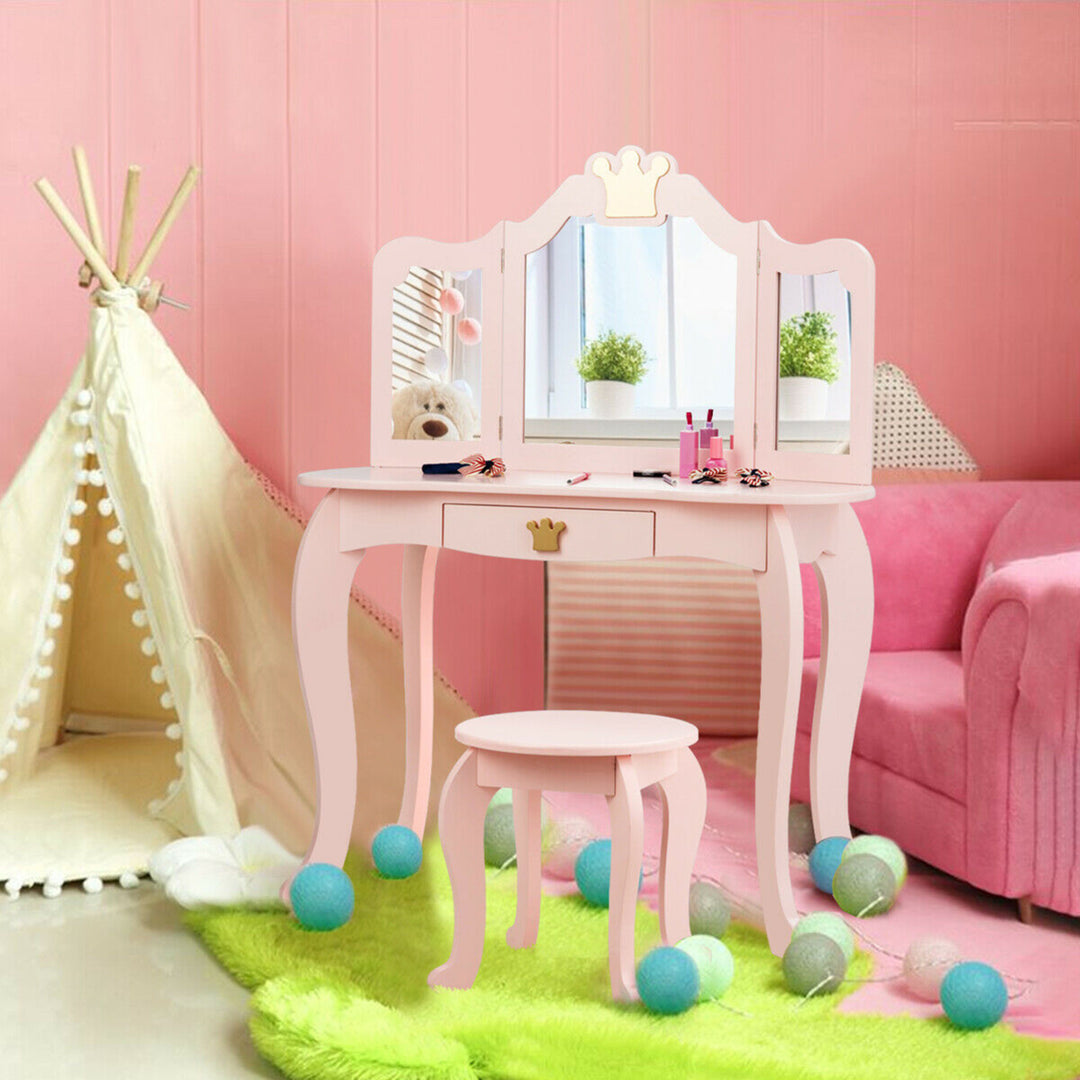 Kids Makeup Dressing Table Chair Set Princess Vanity and Tri-folding Mirror Pink Image 3