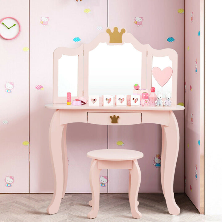 Kids Makeup Dressing Table Chair Set Princess Vanity and Tri-folding Mirror Pink Image 4