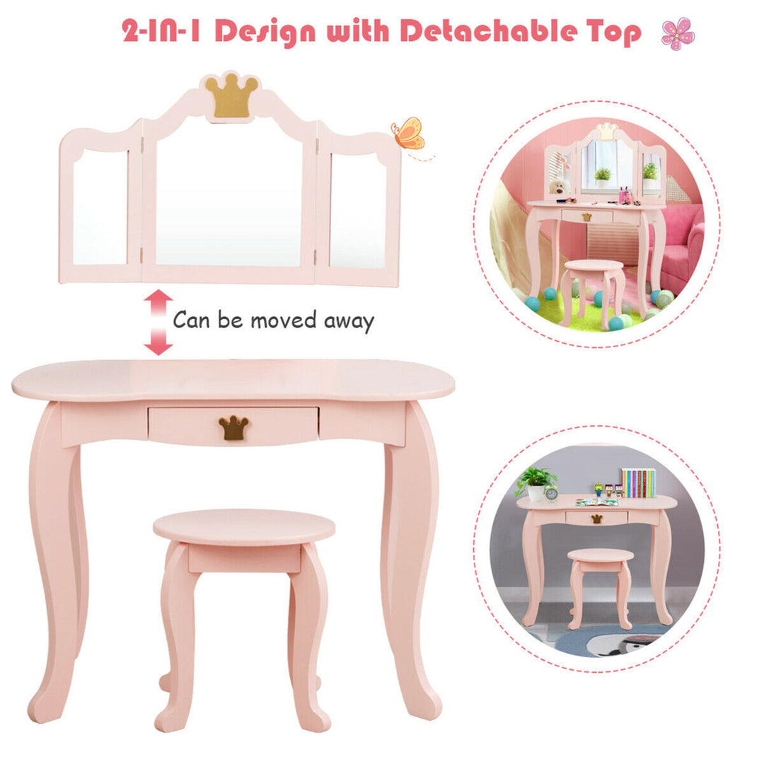 Kids Makeup Dressing Table Chair Set Princess Vanity and Tri-folding Mirror Pink Image 6