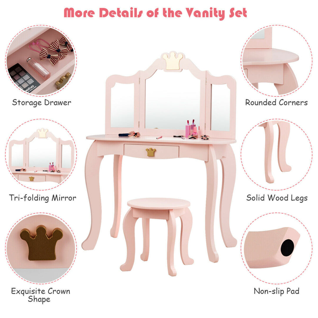 Kids Makeup Dressing Table Chair Set Princess Vanity and Tri-folding Mirror Pink Image 7