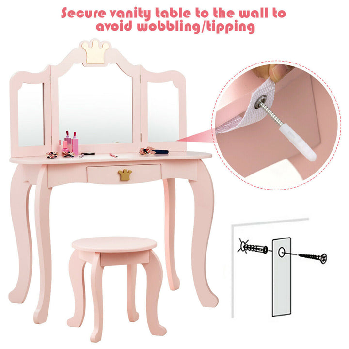 Kids Makeup Dressing Table Chair Set Princess Vanity and Tri-folding Mirror Pink Image 8