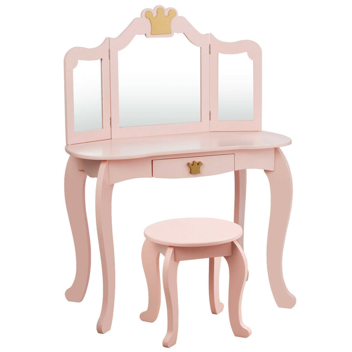 Kids Makeup Dressing Table Chair Set Princess Vanity and Tri-folding Mirror Pink Image 9