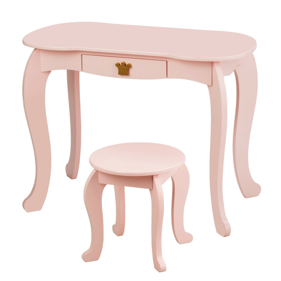 Kids Makeup Dressing Table Chair Set Princess Vanity and Tri-folding Mirror Pink Image 10