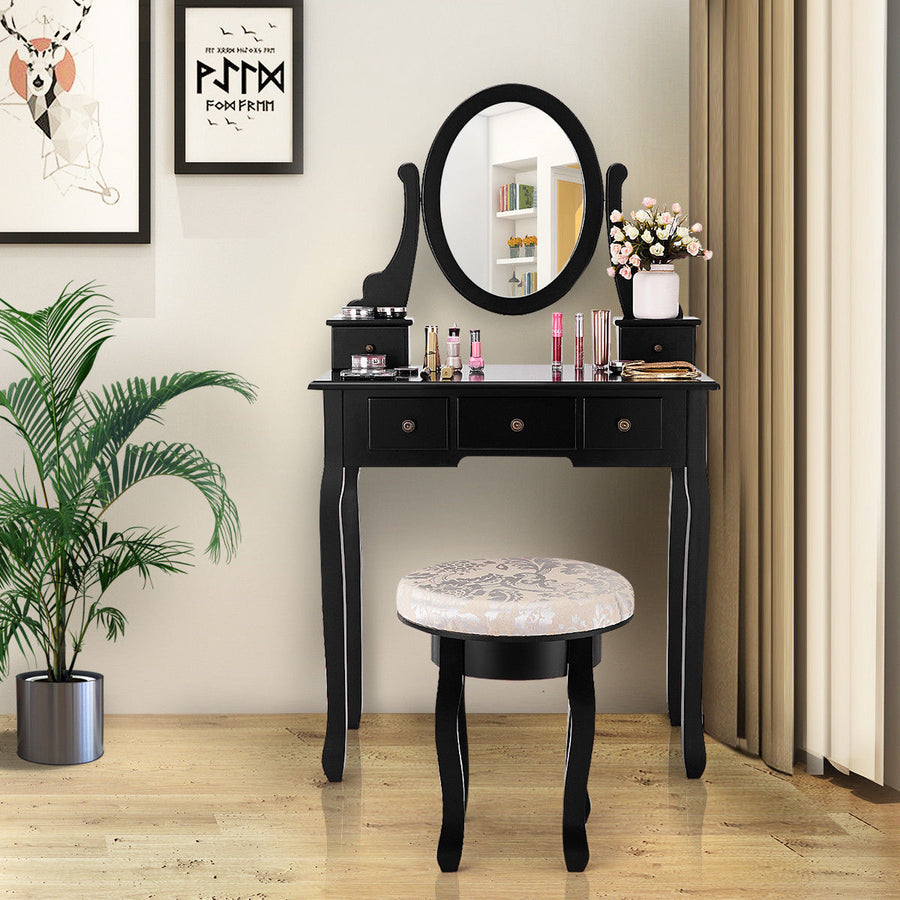 Black Makeup Table Vanity Table Set Cushioned Stool Mirror 5 Drawers Image 1