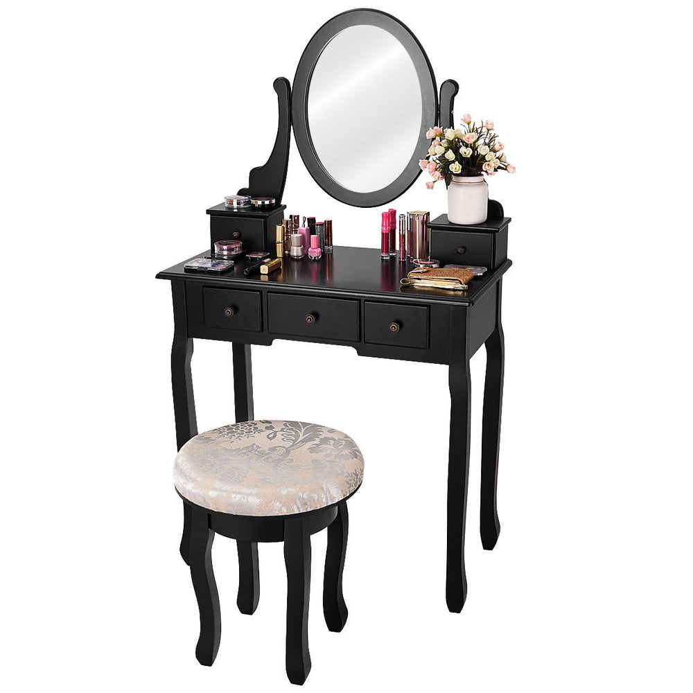 Black Makeup Table Vanity Table Set Cushioned Stool Mirror 5 Drawers Image 2