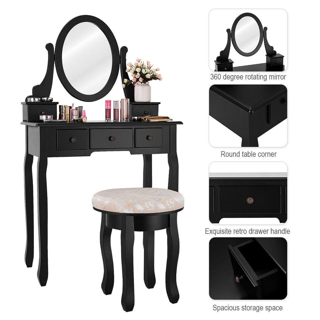 Black Makeup Table Vanity Table Set Cushioned Stool Mirror 5 Drawers Image 3