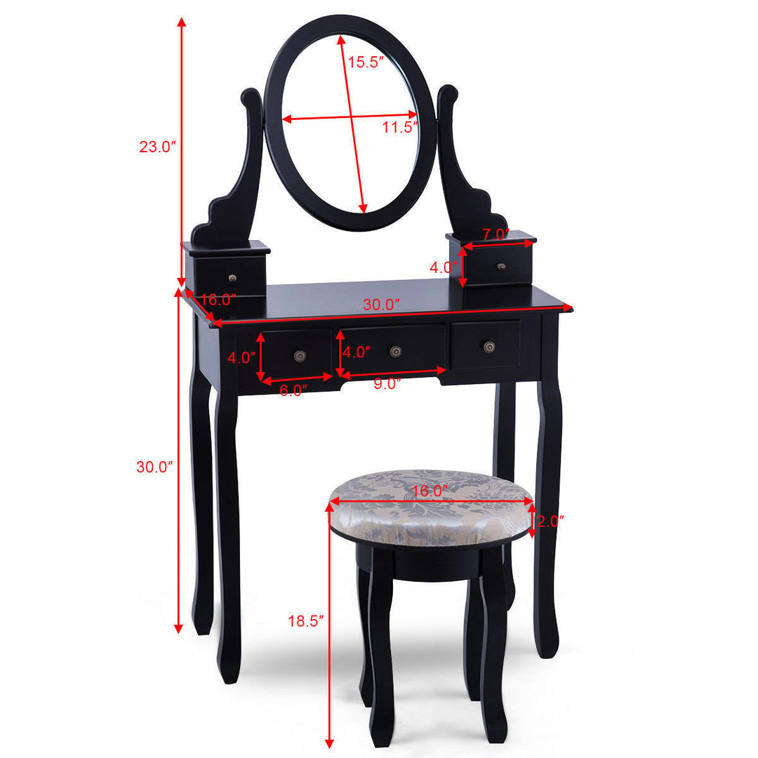 Black Makeup Table Vanity Table Set Cushioned Stool Mirror 5 Drawers Image 5