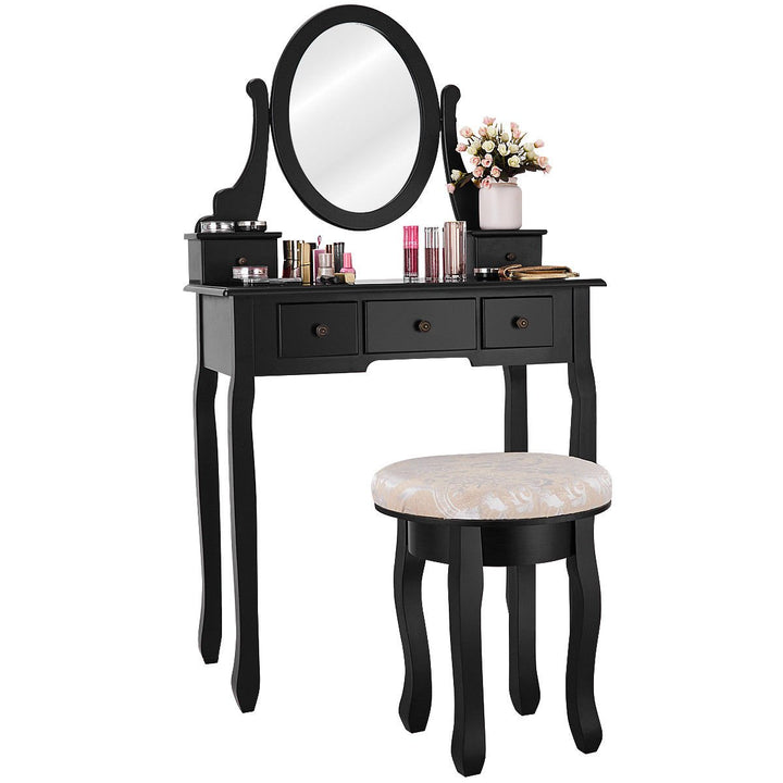 Black Makeup Table Vanity Table Set Cushioned Stool Mirror 5 Drawers Image 6