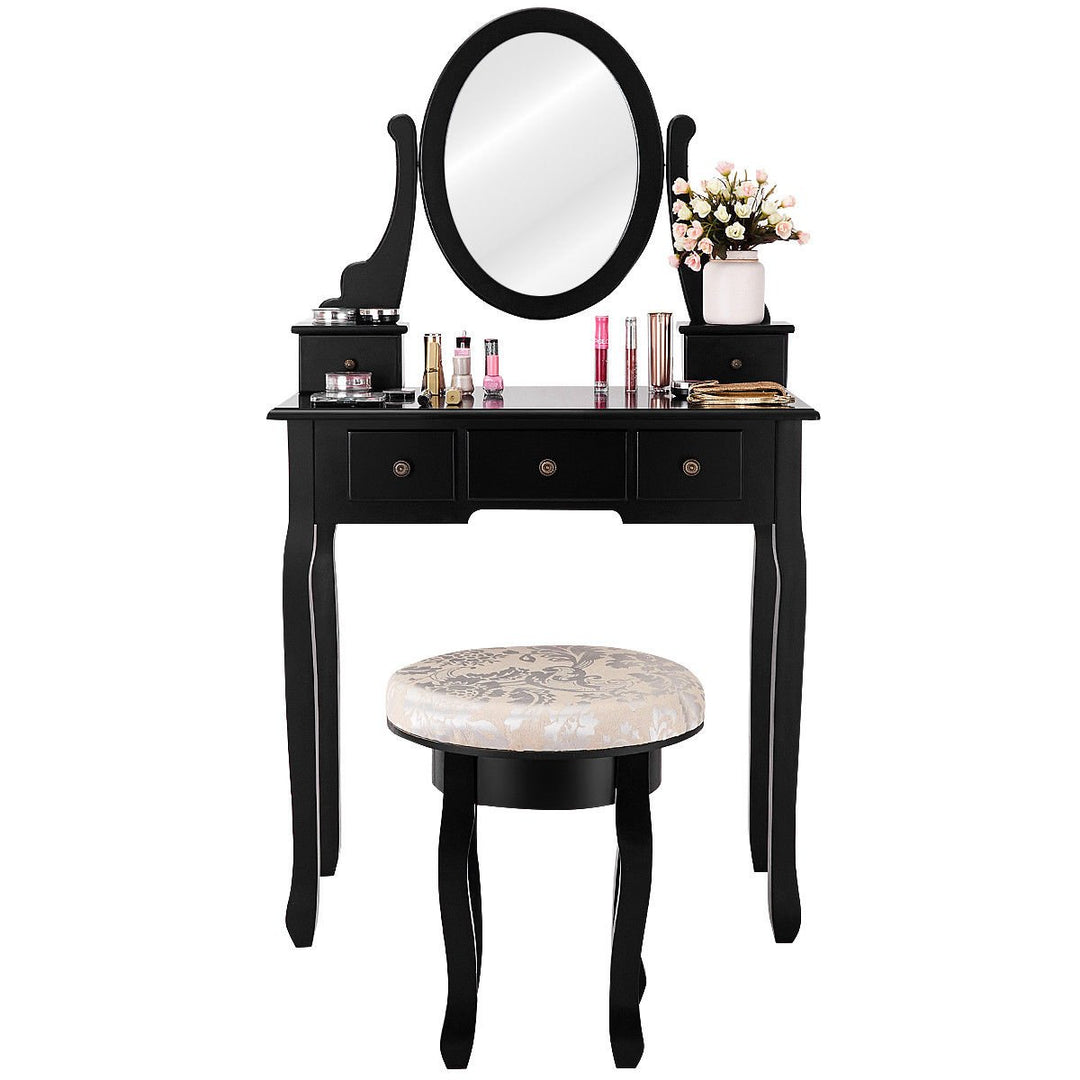 Black Makeup Table Vanity Table Set Cushioned Stool Mirror 5 Drawers Image 7