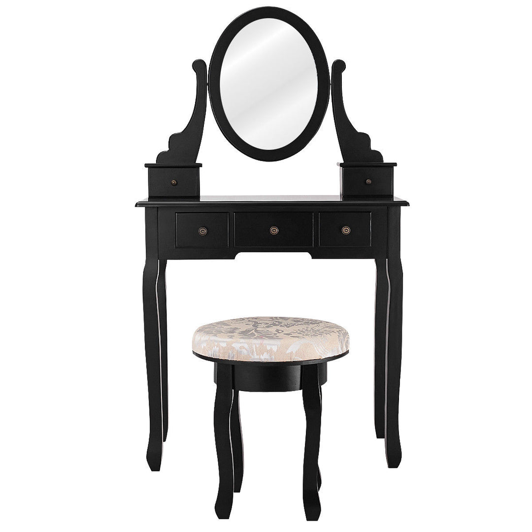 Black Makeup Table Vanity Table Set Cushioned Stool Mirror 5 Drawers Image 8