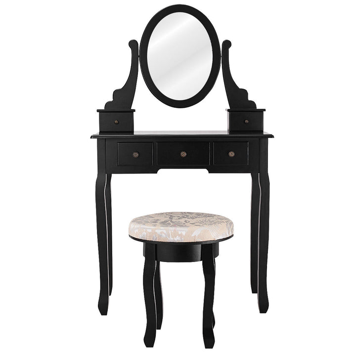 Black Makeup Table Vanity Table Set Cushioned Stool Mirror 5 Drawers Image 8