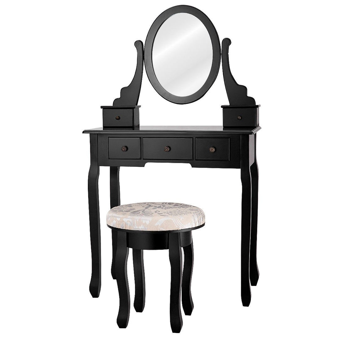 Black Makeup Table Vanity Table Set Cushioned Stool Mirror 5 Drawers Image 9