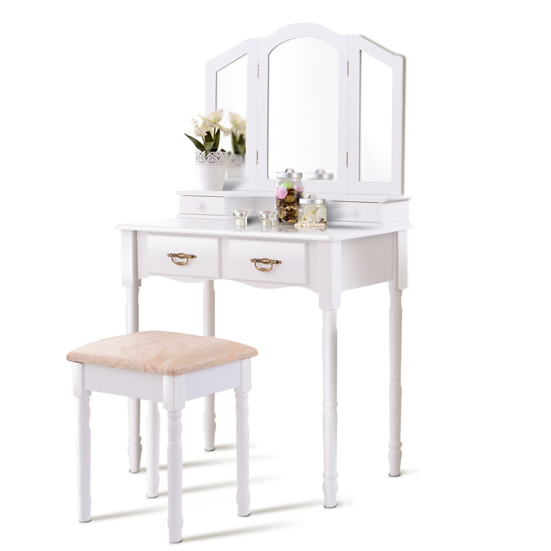 Gymax Vanity Makeup Dressing Table Stool Set w/ Folding Mirror 4 Drawers White/Black Image 1