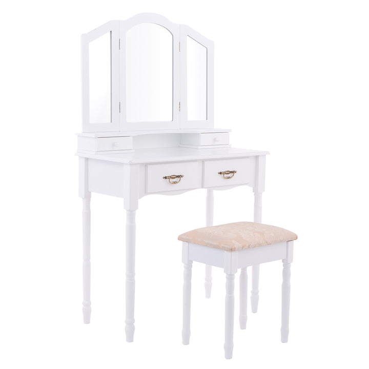 Gymax Vanity Makeup Dressing Table Stool Set w/ Folding Mirror 4 Drawers White/Black Image 6