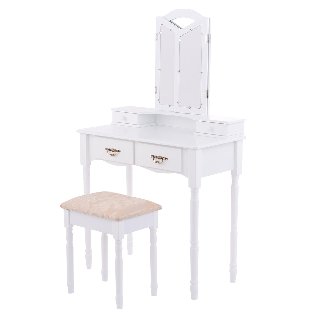 Gymax Vanity Makeup Dressing Table Stool Set w/ Folding Mirror 4 Drawers White/Black Image 8