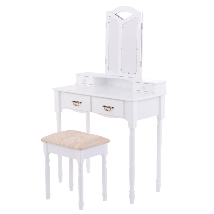 Gymax Vanity Makeup Dressing Table Stool Set w/ Folding Mirror 4 Drawers White/Black Image 8