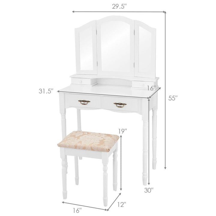 Gymax Vanity Makeup Dressing Table Stool Set w/ Folding Mirror 4 Drawers White/Black Image 9