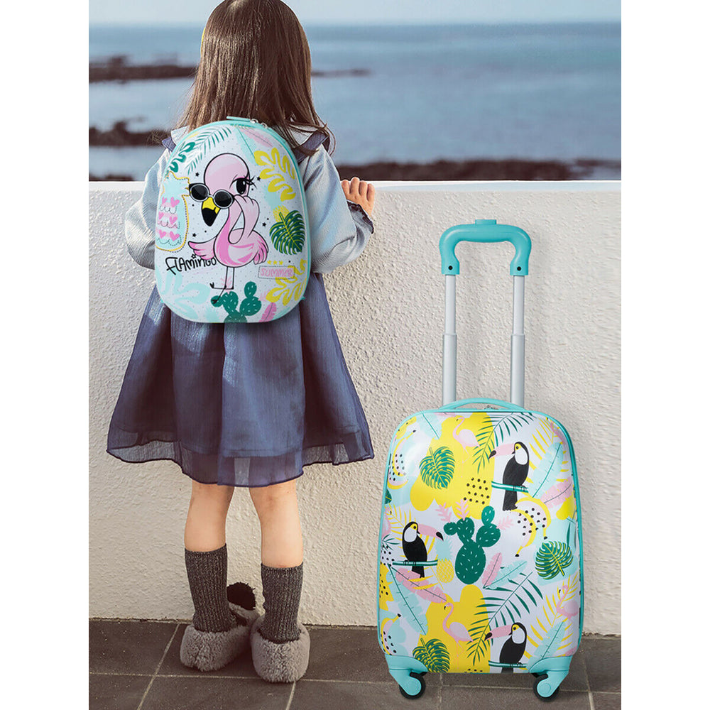 2PC Kids Luggage Set Backpack and Rolling Suitcase Travel ABS Flamingos Image 2