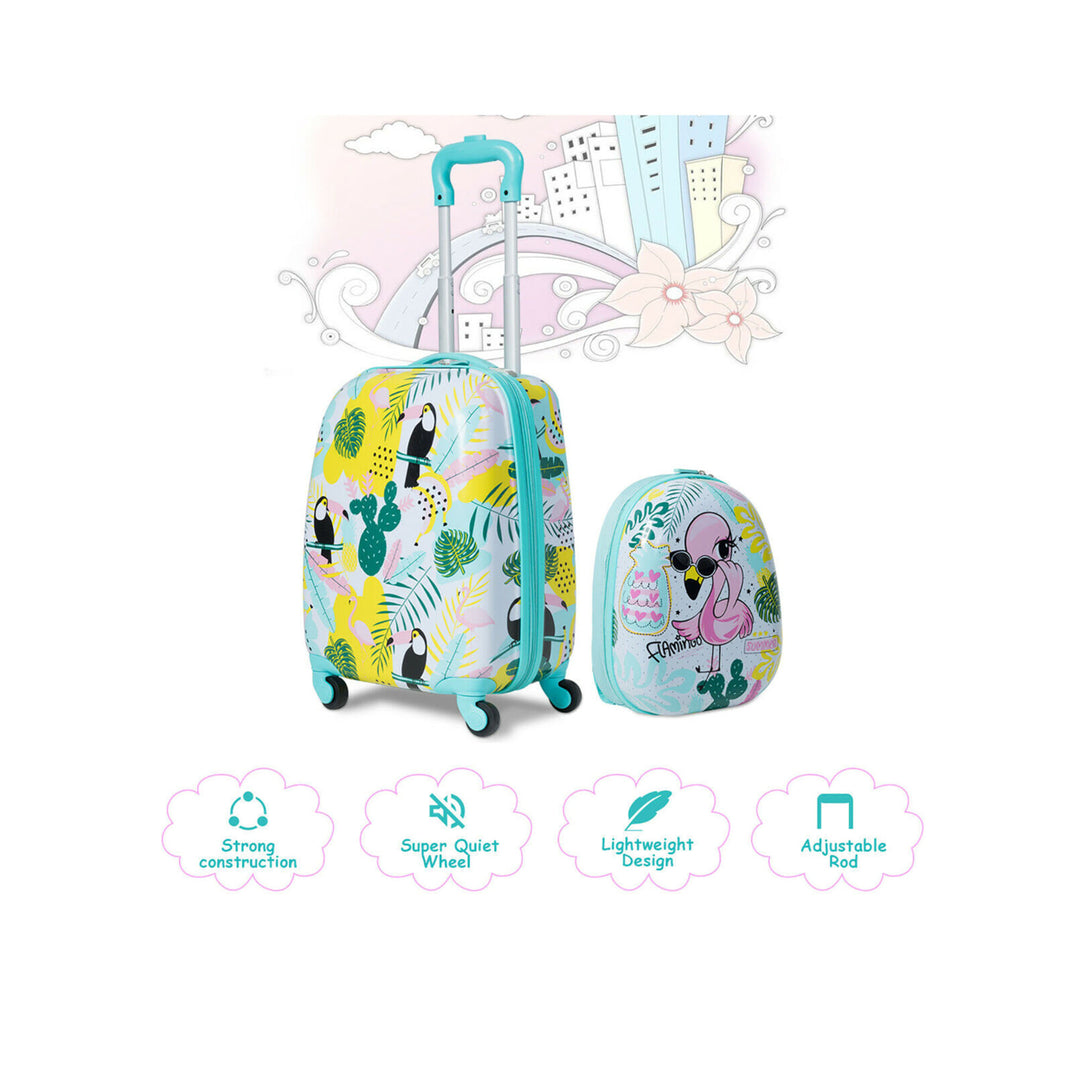 2PC Kids Luggage Set Backpack and Rolling Suitcase Travel ABS Flamingos Image 3