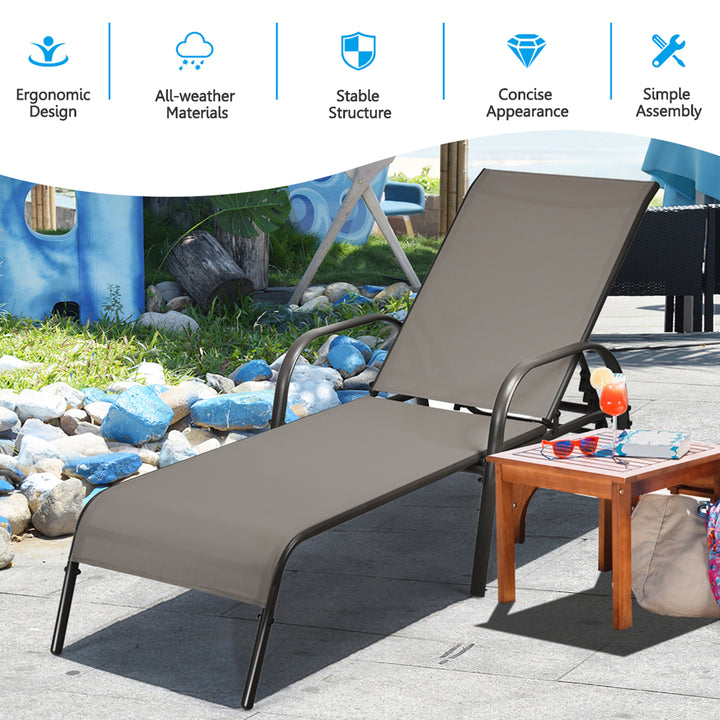 Outdoor Patio Lounge Chair Chaise Fabric Adjustable Reclining Armrest Pool Brown Image 7