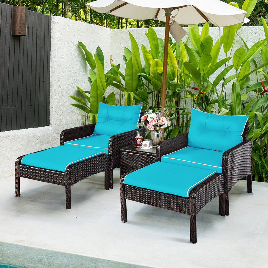 5 PCS Patio Rattan Furniture Set Sofa Ottoman Table Cushioned Turquoise Image 1