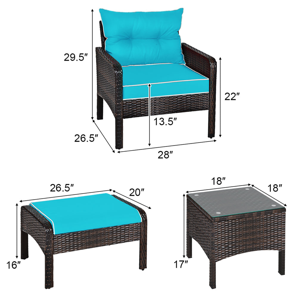 5 PCS Patio Rattan Furniture Set Sofa Ottoman Table Cushioned Turquoise Image 2