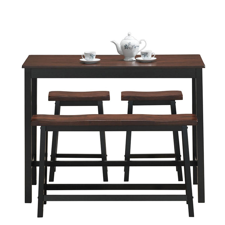 4 Pcs Solid Wood Counter Height Table Set w/ Height Bench and Two Saddle Stools Brown Image 6