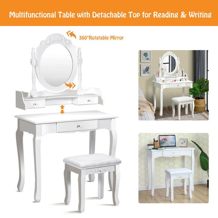 White Vanity Wood Makeup Dressing Table Stool 3 Drawer Image 6