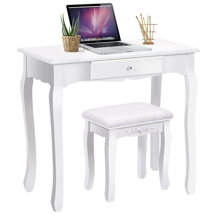 White Vanity Wood Makeup Dressing Table Stool 3 Drawer Image 5