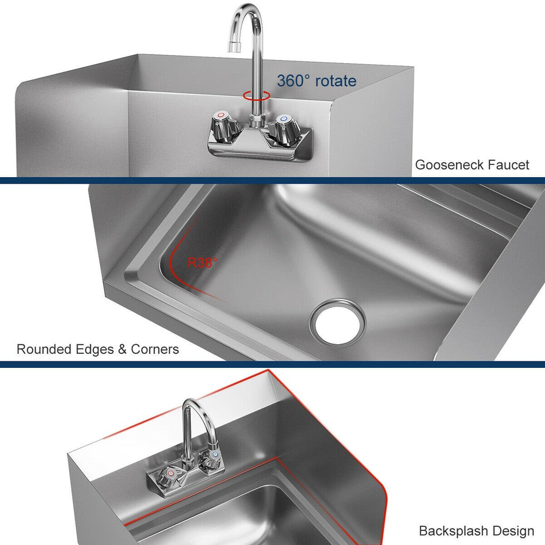 Stainless Steel Hand Washing Sink NSF Commercial with Faucet and Side Splashes Image 8