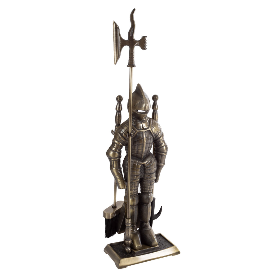 Fireplace Tool Set- Medieval Knight Cast Iron Statue Holds Heavy Duty Essential Tools Image 1