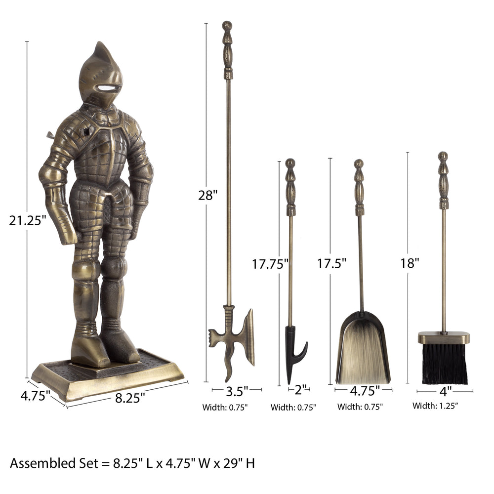 Fireplace Tool Set- Medieval Knight Cast Iron Statue Holds Heavy Duty Essential Tools Image 2