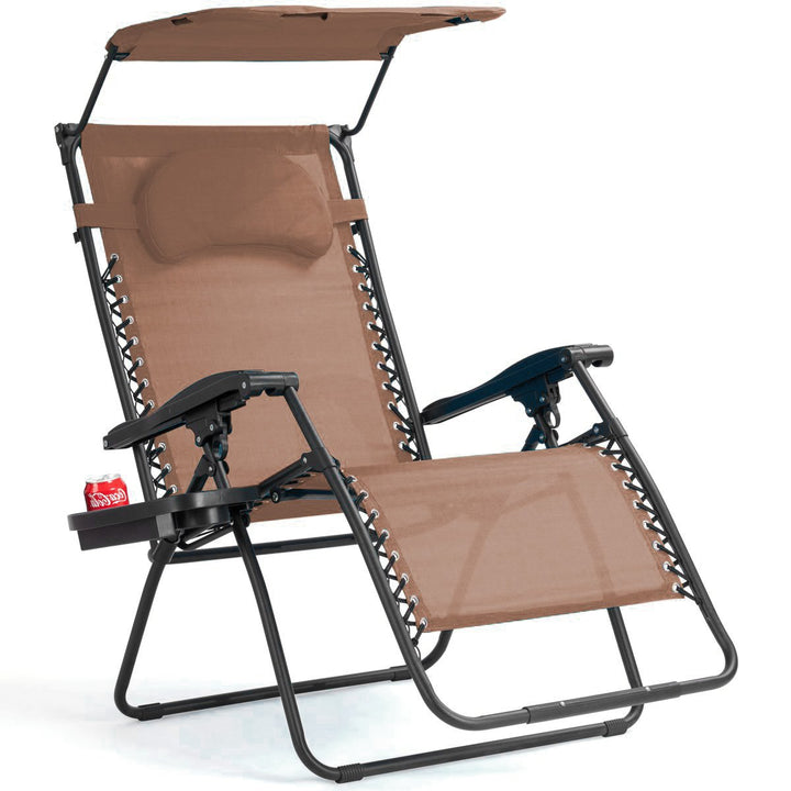 Folding Recliner Zero Gravity Lounge Chair W/ Shade Canopy Cup Holder Brown Image 1