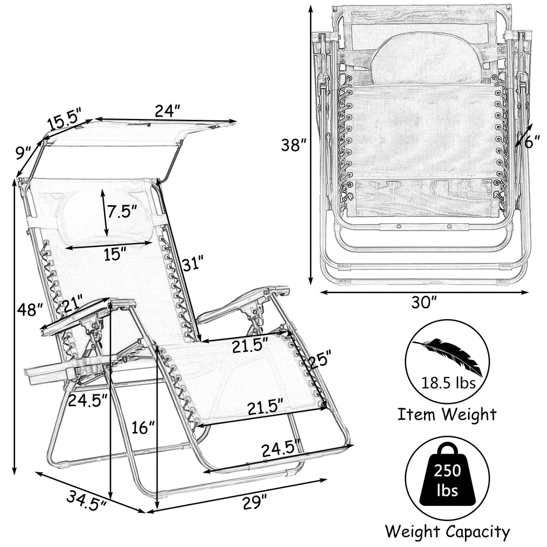 Folding Recliner Zero Gravity Lounge Chair W/ Shade Canopy Cup Holder Brown Image 5