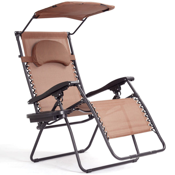 Folding Recliner Zero Gravity Lounge Chair W/ Shade Canopy Cup Holder Brown Image 7