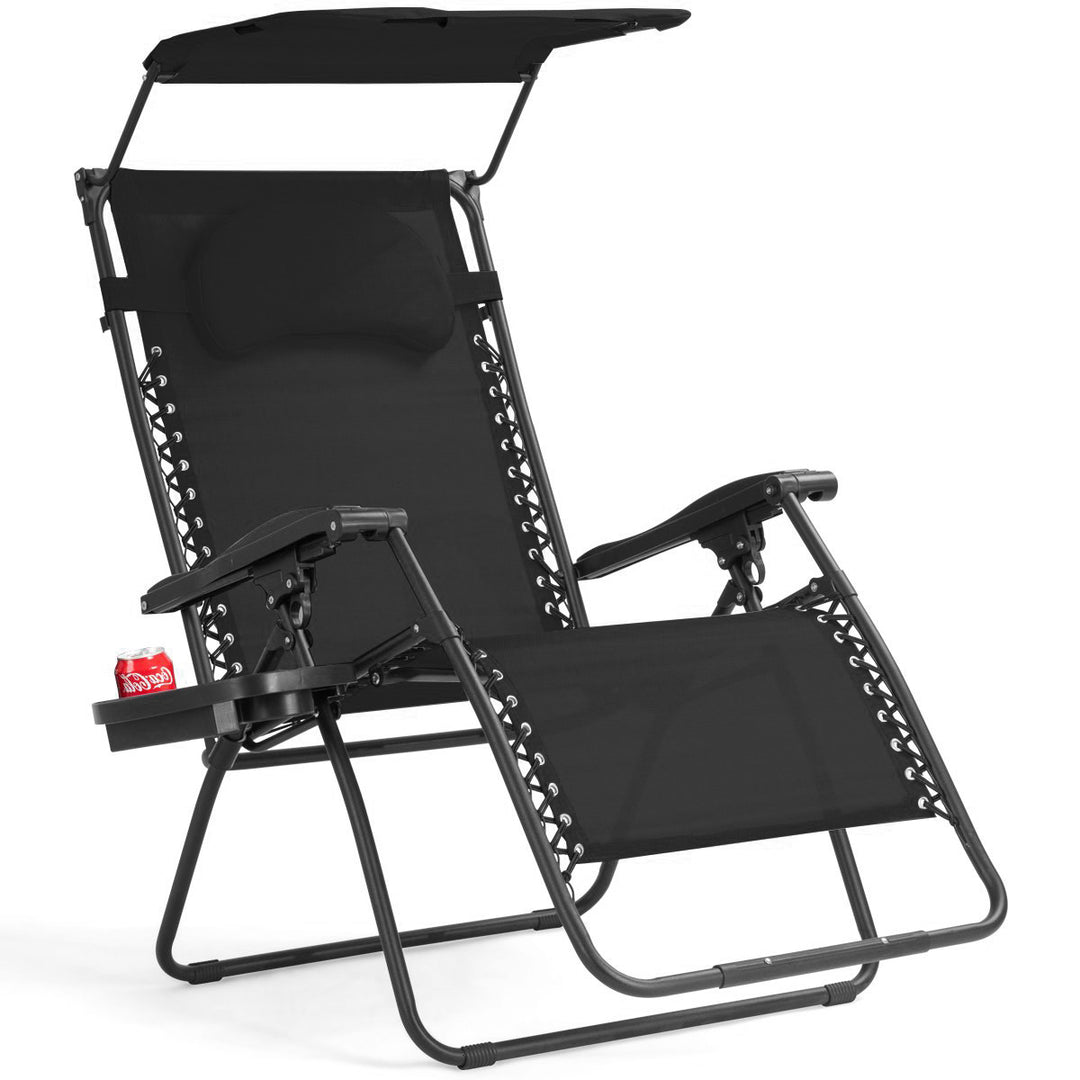 Folding Recliner Zero Gravity Lounge Chair W/ Shade Canopy Cup Holder Black Image 1