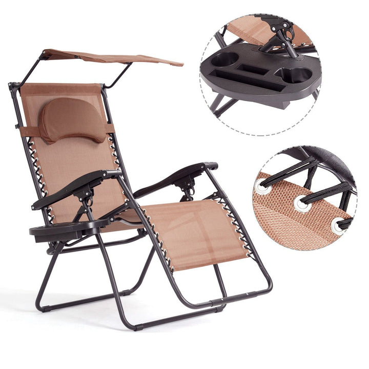 Folding Recliner Zero Gravity Lounge Chair W/ Shade Canopy Cup Holder Brown Image 9