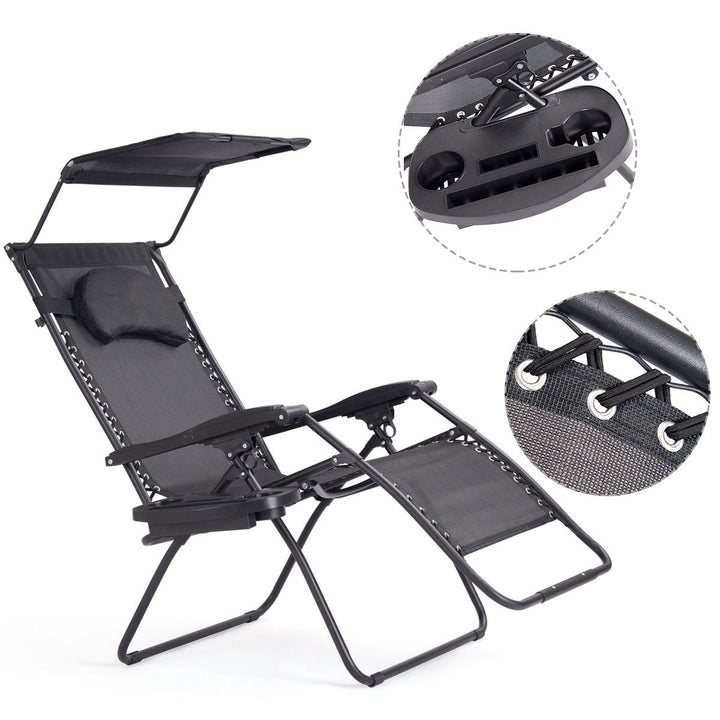 Folding Recliner Zero Gravity Lounge Chair W/ Shade Canopy Cup Holder Black Image 8