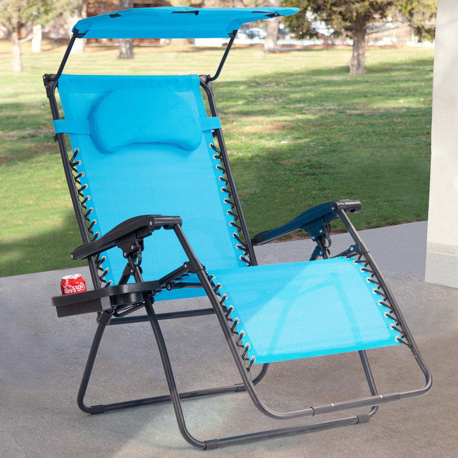 Folding Recliner Zero Gravity Lounge Chair W/ Shade Canopy Cup Holder Blue Image 1