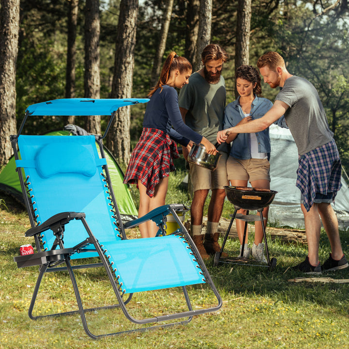 Folding Recliner Zero Gravity Lounge Chair W/ Shade Canopy Cup Holder Blue Image 5